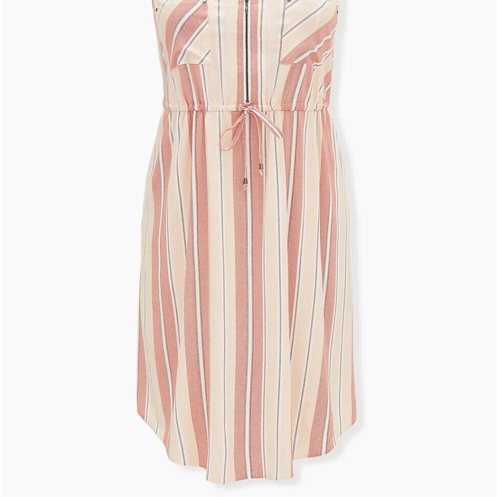 New Torrid Red & Ivory Stripe Challis Zip Front Drawstring Shirt Dress - Picture 3 of 5